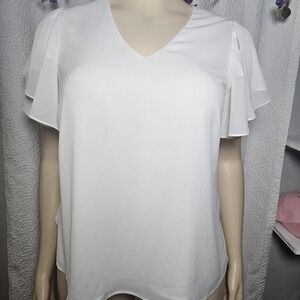 Cream Ruffled V-Neck Blouse with Short Sleeves